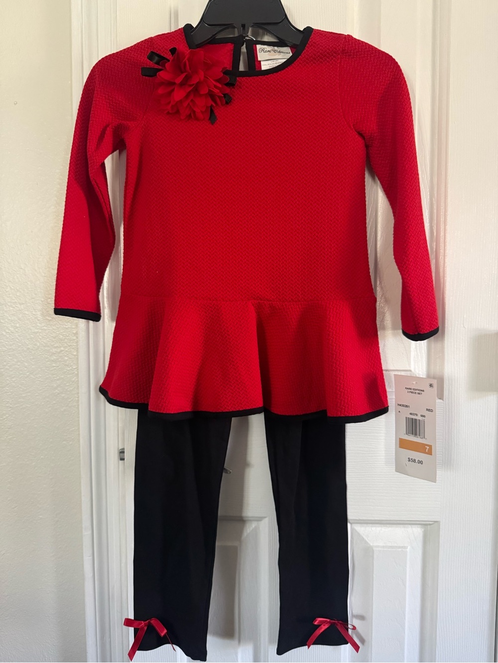 Red Peplum Top & Black Leggings Kids set with Flower Accent